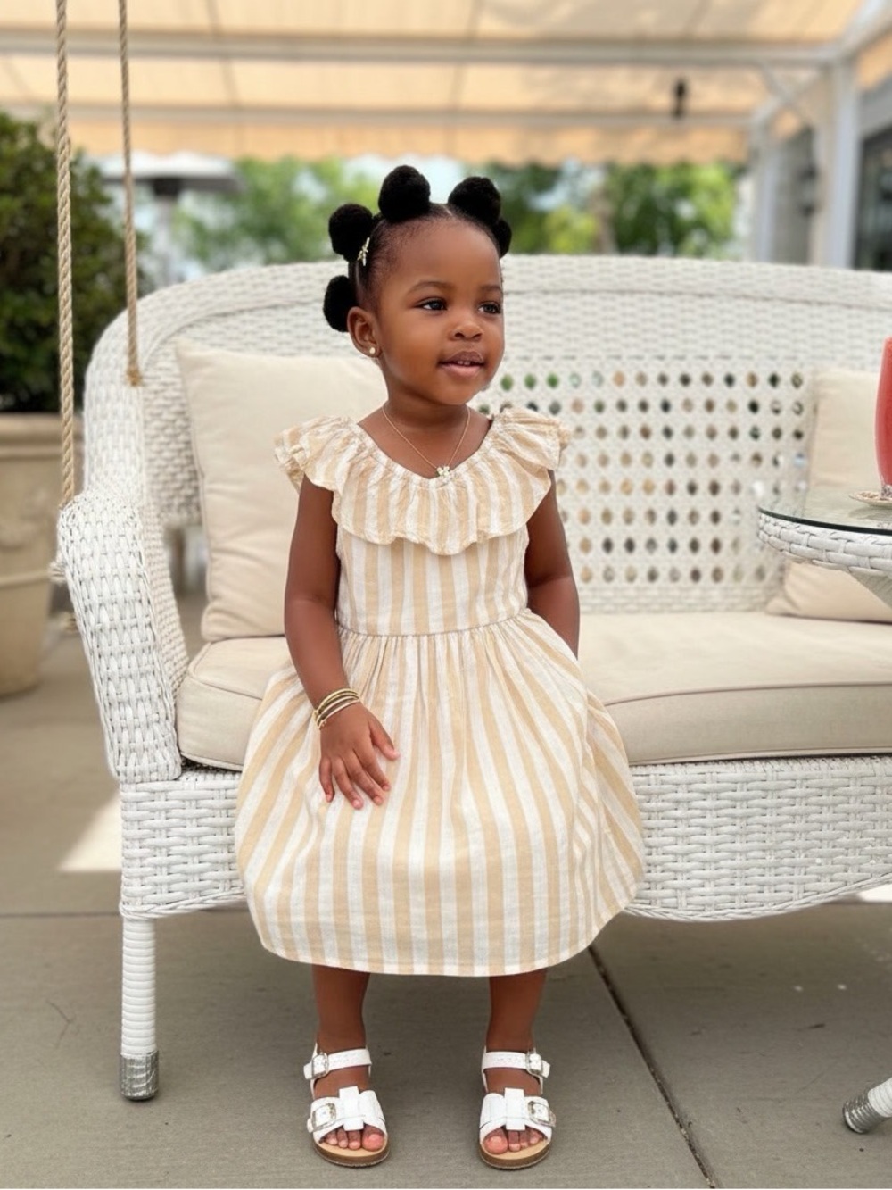 Old Navy Toddler Girl Tan & White Striped Ruffle Collar Dress